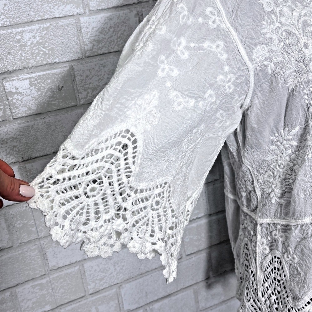 White Eyelet Lace Crochet Top Small Boho Cottage Romantic Coastal Resort Beach - Picture 4 of 11